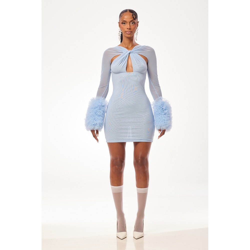 Kiimorai Baby Blue Mesh Mini Dress Ruffle Tulle Cuff Cutout Long Sleeve Bodycon